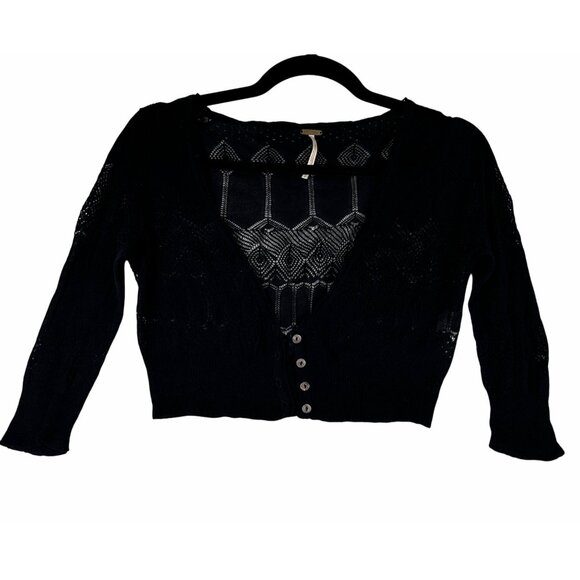 Free People Womens Open Knit Cropped Cardigan Black Sz Small Coquette Fairy Top - Picture 6 of 8